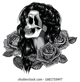 vectorial Ilustración de una niña de cráneo negra y blanca con rosa en los pelos sobre fondo blanco