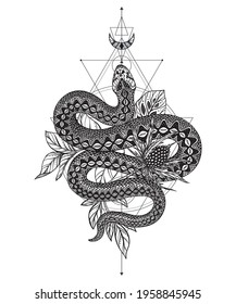 Vector illustration of black and white snake, feverweed flower, moon, sacral geometric simbols isolated on white background. Mystical totem hand drawn picture for tattoo, coloring book.