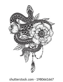 Vector illustration of black and white snake, peony flowers, feather isolated on white background. Mystical totem hand drawn picture for tattoo, coloring book