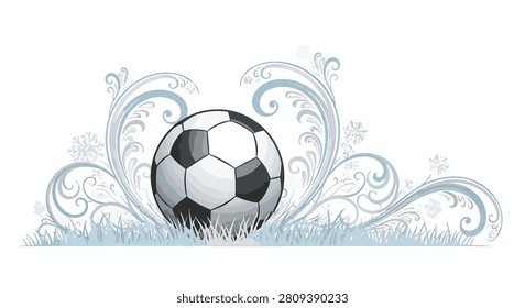 Vector illustration of a black and white soccer ball resting on stylized blue grass with light blue ornamental swirls, snowflakes, and floral patterns against a plain white background.