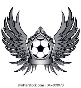 Vector illustration of Black & white soccer emblem with wings