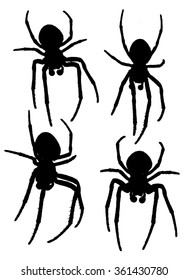 Vector illustration of black & white spider graphic pattern / background. 4 different vector spiders.