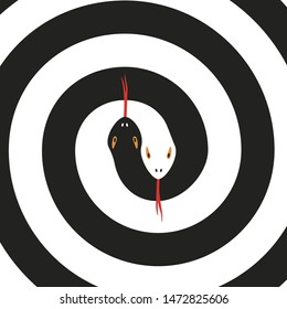 Vector illustration. Black and white spiral background with two poison snakes inside.