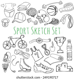 Vector illustration Black and white Sport and fitness seamless doodle icons set