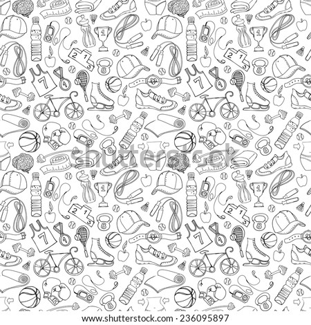 Vector illustration Black and white Sport and fitness seamless doodle pattern