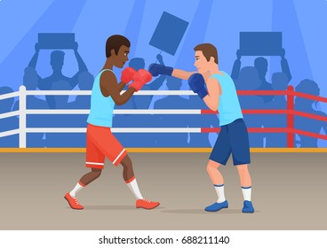 Vector illustration of black and white sportsmen boxing in ring.
