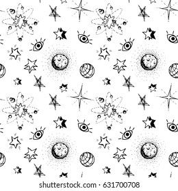 Vector illustration black and white stars and constellations, planets, systems seamless pattern. Space elements isolated on white.