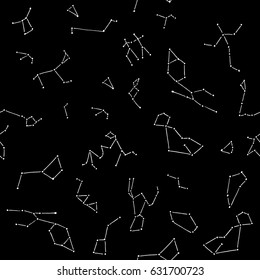 Vector illustration black and white stars and constellations seamless pattern. Constellations isolated on black background.