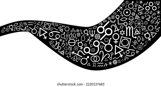 vector illustration for black and white stream flow and alchemy symbols for horoscopes and sacred knowledge