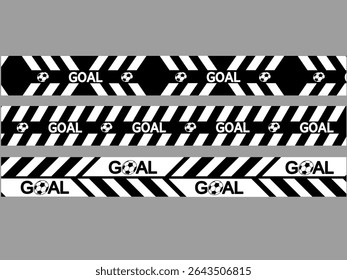 Vector illustration of black and white striped caution tape banners with the word "GOAL" and soccer ball icons. This dynamic design is perfect for sports-related content, sports event promotions