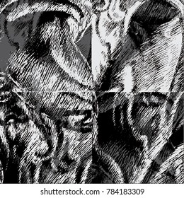 Vector illustration of black and white stripped pattern. Background, backdrop, hand drawn.