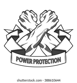 Vector illustration in black and white   style of a cross clenched fist held high in protection