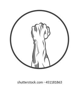 Vector illustration in black and white style of a clenched fist held high in protest.