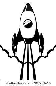 Vector illustration of black and white stylish rocket on start in commix style.