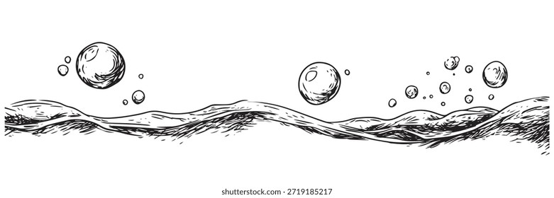 Ilustración vectorial en blanco y negro de olas oceánicas estilizadas y burbujas flotantes