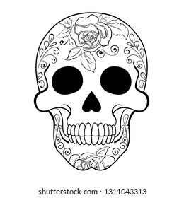 Vector illustration of a black and white sugar skull. Day of The Dead colorful sugar skull with floral ornament and flower seamless pattern. 