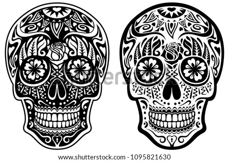 Vector illustration of a black and white sugar skull and its inverse, white and black version.
