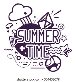 Vector illustration of black and white summer time quote on abstract background. Hand draw line art design for web, site, advertising, banner, poster, board and print.