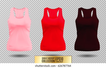 Vector illustration of black and white tank top or singlet. Pink red and vinous colors. Realistic vector objects.