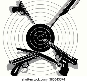 vector illustration black and white target holes and gun on the target, crossbow, pistol, rifle,