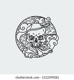 Vector illustration of black and white tattoo graphic human skull. Lined symbol