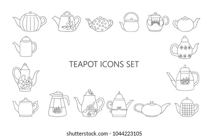 Vector illustration of black and white teapots. Graphic tea set. Teapot icons collection. Monochrome kettles isolated on white background. Vintage doodle style drawing.