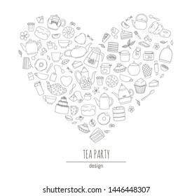 Vector illustration of black and white teapots, pies, sweets, cakes framed in heart shape. Line art tea set. Tea themed concept. Frame with kettles and kitchen equipment
