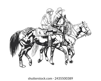 A vector illustration in black and white that shows two horsemen.
