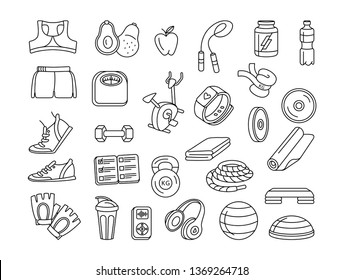 Vector illustration Black and white thin line Sport, fitness, functional training hand drawn doodle style icons. Gym sport objects: workout, tabata, cross fit, yoga, run