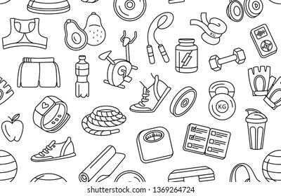 Vector illustration Black and white thin line Sport, fitness, functional training background seamless hand drawn doodle icons style pattern. Gym sport objects: workout, tabata, cross fit, yoga, run