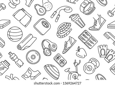 Vector illustration Black and white thin line Sport, fitness, functional training background seamless hand drawn doodle icons style pattern. Gym sport objects: workout, tabata, cross fit, yoga, run