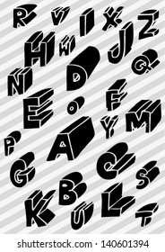 Vector illustration of black & white three dimensional / 3D hand drawn letters. Alphabet.