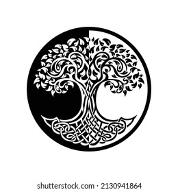 Vector illustration of black and white tree and roots forming a circle