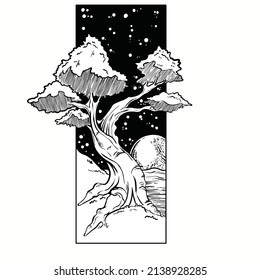 ilustración vectorial de un árbol blanco y negro en la noche