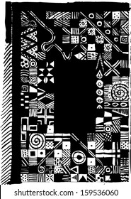 Vector illustration of black & white triangle tribal African background / texture. Abstract hand drawn picture frame / border.