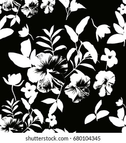 Vector Illustration of  black and white tropical plants seamless pattern.