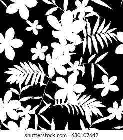 Vector Illustration of  black and white tropical plants seamless pattern.