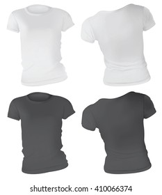 Vector illustration of black and white t-shirt template for women, front and back, realistic gradient mesh design, isolated on white