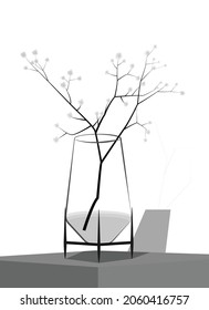 Vector illustration in black and white. Vase with a branch. Monochronic image. Design for templates, cards, textiles, posters, banners.