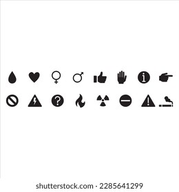 Vector illustration of black and white warning sign, caution, risk, love, droplets, gender, hazard, question, smoking, no entering, nuclear, sign way