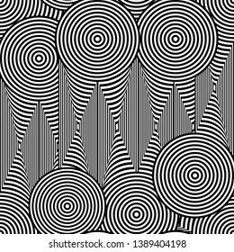 Vector illustration of black and white warped circles, rhombuses and rectangles in geometric layout. Seamless repeat pattern for gift wrap, textile, fabric, scrapbooking and fashion.