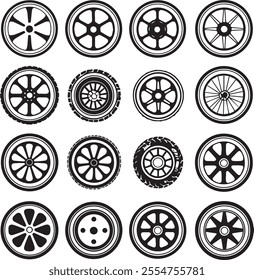 Vector illustration black white wheel designs spoked solid patterned rims minimalist circles tire tread