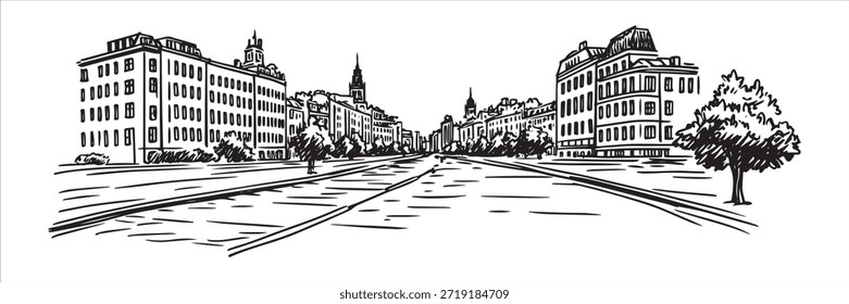 Ilustración vectorial en blanco y negro de una amplia calle de la ciudad con edificios clásicos y carretera