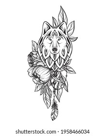 Vector illustration of black and white wolf, peony flower, feather isolated on white background. Mystical totem simbol. Hand drawn picture for tattoo, coloring book