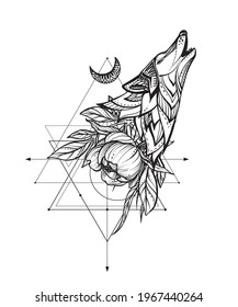 Vector illustration of black and white wolf, peony flower, moon, sacral geometric simbols isolated on white background. Mystical totem simbol. Hand drawn picture for tattoo, coloring book.