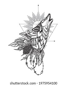 Vector illustration of black and white wolf, feverweed flower, beads, sacral geometric simbols isolated on white background. Mystical totem hand drawn picture for tattoo, coloring book.