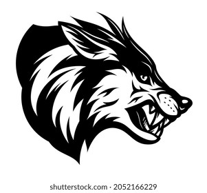 Vector Illustration Of Black And White Wolf Head Side View.