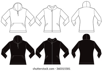 Vector illustration of black and white women's hooded sweatshirt, front and back design, isolated on white