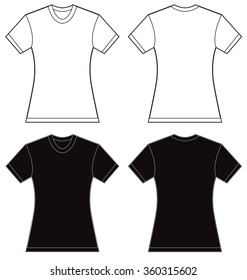 Vector illustration of black and white women's shirt, front and back design, isolated on white