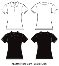 Vector illustration of black and white women's polo shirt, front and back design, isolated on white